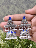 Traditional Silver Blue Jhumka Earrings With indian Pearls Blue Jhumki For Women Emerald Metal Jhumki