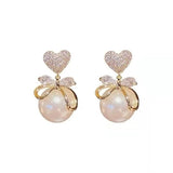 A Pearl Of Wisdom Earring | Korean Studded Bow Heart Big Pearl Drop Earrings For Women/Girls Pearl Alloy Drops & Danglers