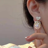 A Pearl Of Wisdom Earring | Korean Studded Bow Heart Big Pearl Drop Earrings For Women/Girls Pearl Alloy Drops & Danglers