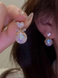 A Pearl Of Wisdom Earring | Korean Studded Bow Heart Big Pearl Drop Earrings For Women/Girls Pearl Alloy Drops & Danglers