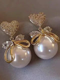 A Pearl Of Wisdom Earring | Korean Studded Bow Heart Big Pearl Drop Earrings For Women/Girls Pearl Alloy Drops & Danglers