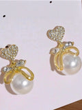 A Pearl Of Wisdom Earring | Korean Studded Bow Heart Big Pearl Drop Earrings For Women/Girls Pearl Alloy Drops & Danglers