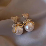 A Pearl Of Wisdom Earring | Korean Studded Bow Heart Big Pearl Drop Earrings For Women/Girls Pearl Alloy Drops & Danglers