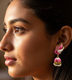 Traditional Daily Wear Gold Plated Pearl Earring Pink Jhumki Crystal, Beads Brass Earring Set