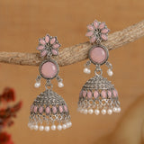 Floral Design Oxidised Pink Jhumka