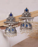 Traditional Silver Blue Jhumka Earrings With indian Pearls Blue Jhumki For Women Emerald Metal Jhumki