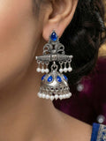 Traditional Silver Blue Jhumka Earrings With indian Pearls Blue Jhumki For Women Emerald Metal Jhumki