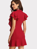 Women Ruffled Dress - Tie-up Neckline & Ruffle Cap Sleeves