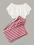 Westchic Striped Pants with White Round Neck Top Short Sleeves