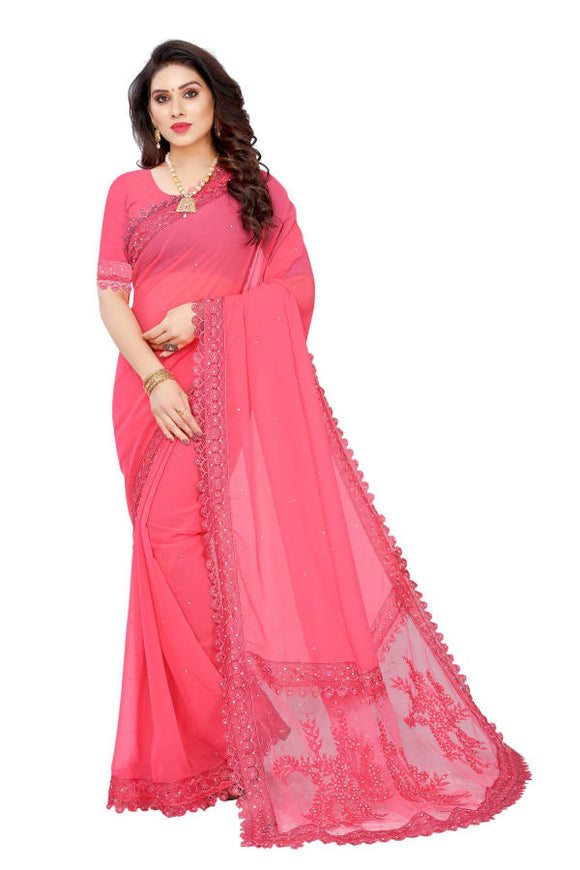 Peach Georgette  Embroidered Saree with Lace Border