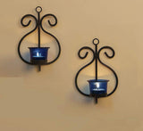 Set of 2 decorative brackets to hang on the wall with glass, Metal Iron Glass, Blue