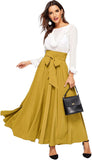 Denlox Women's Elegant High Waist Skirt Tie Front Pleated Maxi Skirts