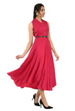 Crepe Collared Neckline Sleeveless Dress with Belt - MultiColor