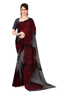 Red Striped Black Georgette Casual Saree with Blouse Piece, Standard