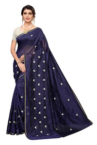 Chanderi Cotton Embroidered Navy Solid Pattern Saree