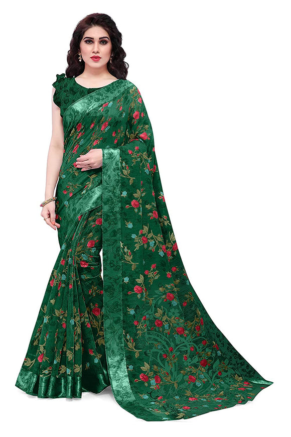 Fancy Cotton Blend Tropical Floral Printed Saree with Blouse Piece