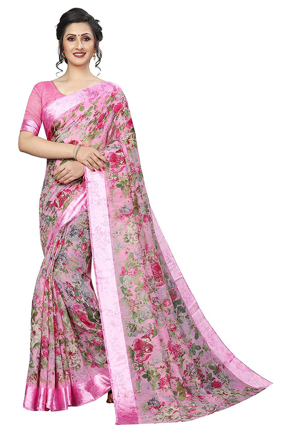 Pink Blend Linen Floral Design Saree