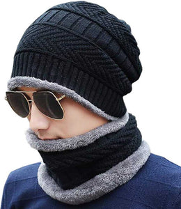 Denlox Stylish Winter Cap with Warm Neck Scarf - Black with Grey Border