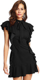 Women Ruffled Dress - Tie-up Neckline & Ruffle Cap Sleeves