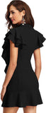 Women Ruffled Dress - Tie-up Neckline & Ruffle Cap Sleeves