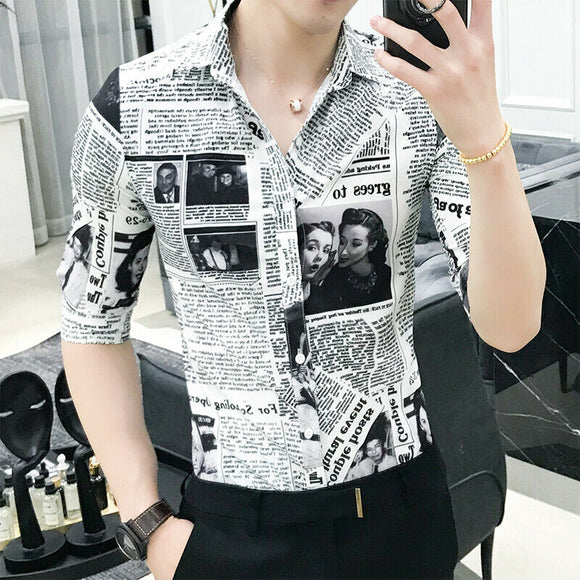 Men's Long Sleeve Lapel Shirts Newspaper Printed Button White Shirts V-neck