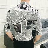 Men's Long Sleeve Lapel Shirts Newspaper Printed Button White Shirts V-neck